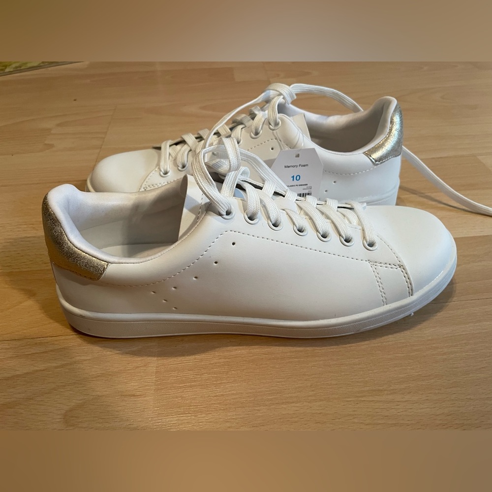 White and gold sneakers size 10